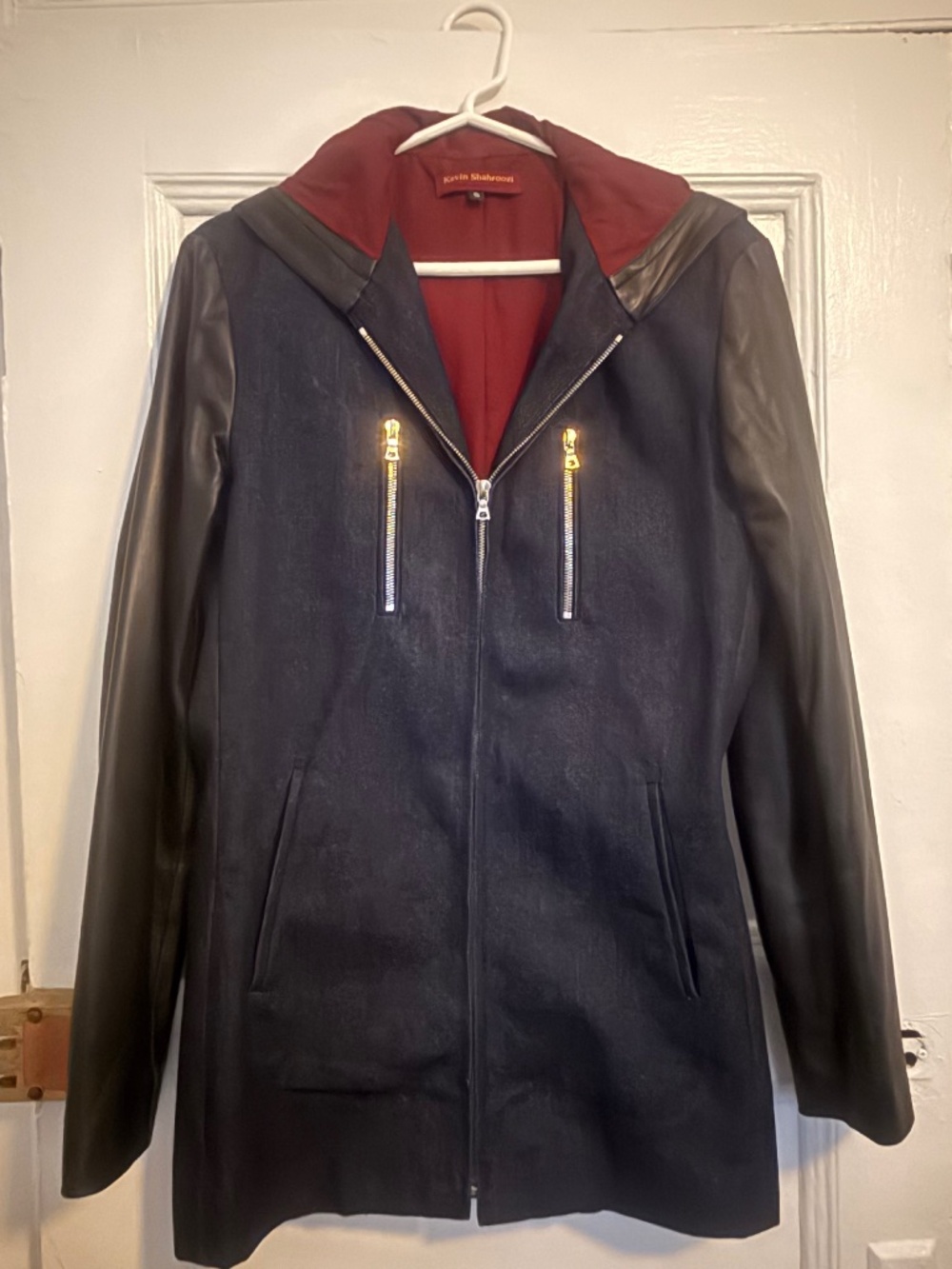 Kevin Sharoozi Ltd. Edition Long Denim Hoodie Jacket wi/ Leather Sleeves Size S